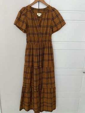 Anthropologie Mustard Plaid Tiered Maxi Dress Maeve XS